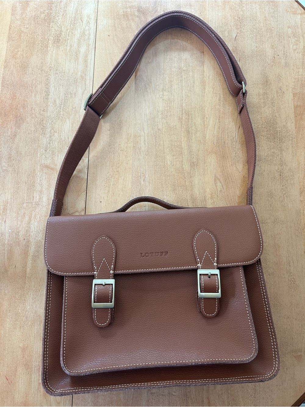 Lotuff Brown Pebble Leather Messenger Bag with Double Buckles
